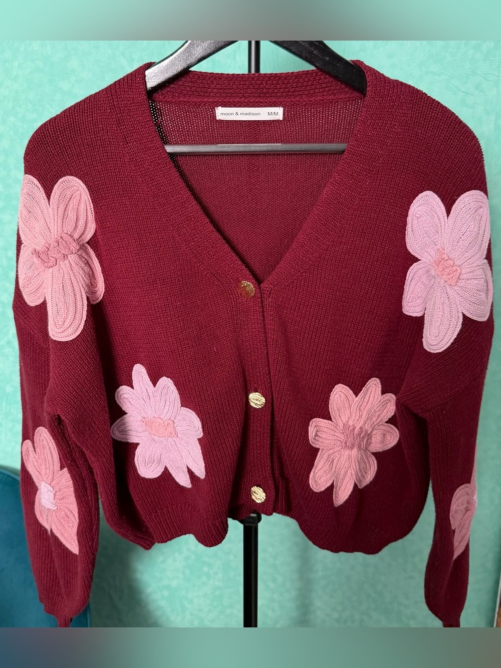 🌸🤍moon & madison Wine Red Cardigan with Pink Floral Appliqués